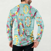Hawaiian Leis Button Sweatshirt Kakau Tattoos and Palaka Pastel Teal Color LT03 - Polynesian Pride