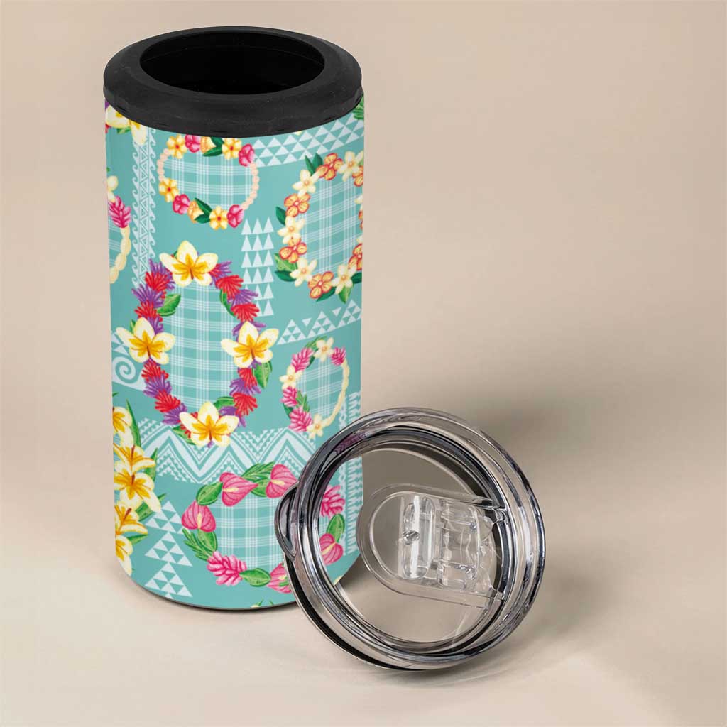 Hawaiian Leis 4 in 1 Can Cooler Tumbler Kakau Tattoos and Palaka Pastel Teal Color LT03 - Polynesian Pride