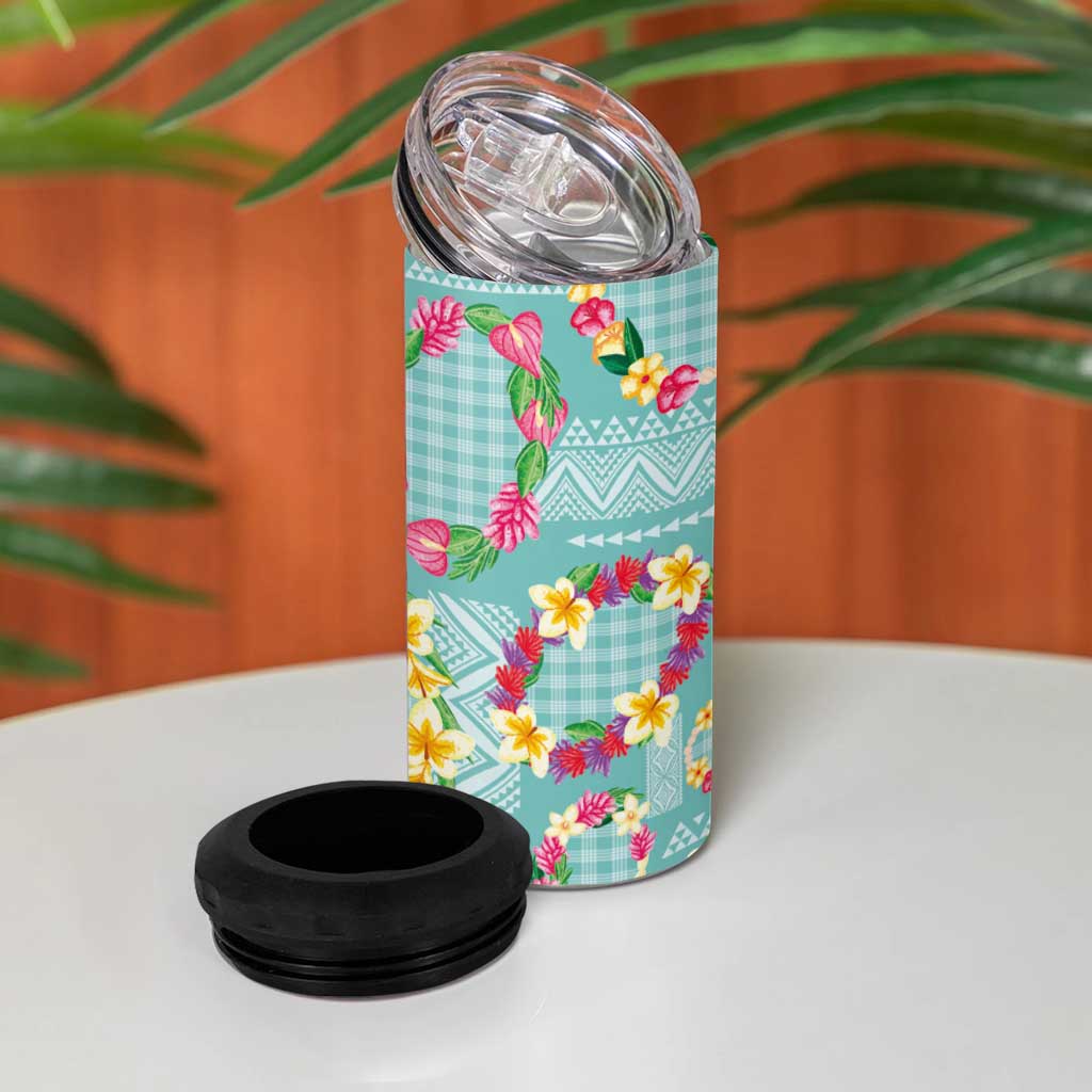 Hawaiian Leis 4 in 1 Can Cooler Tumbler Kakau Tattoos and Palaka Pastel Teal Color LT03 - Polynesian Pride