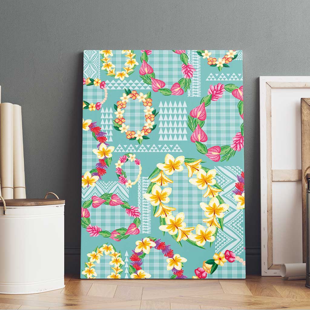 Hawaiian Leis Canvas Wall Art Kakau Tattoos and Palaka Pastel Teal Color
