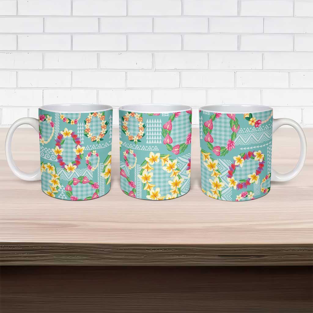 Hawaiian Leis Ceramic Mug Kakau Tattoos and Palaka Pastel Teal Color
