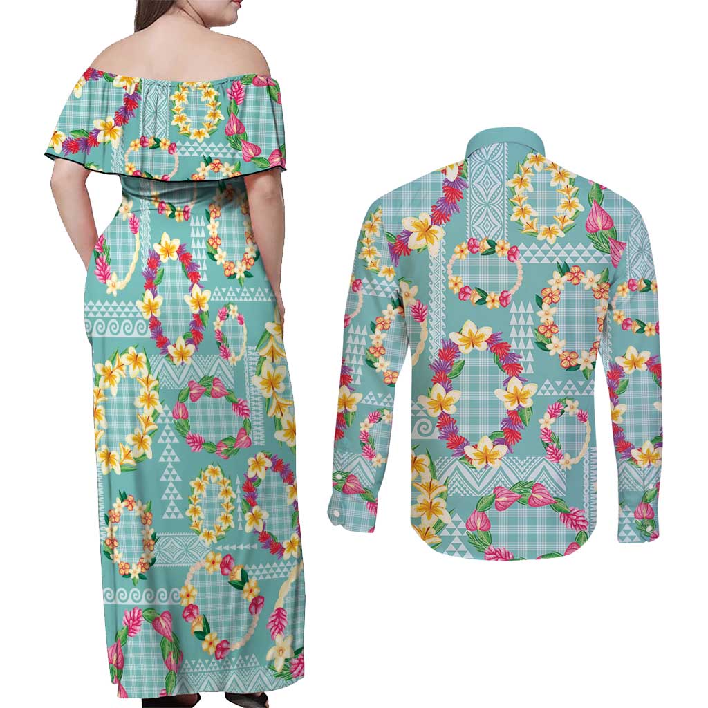 Hawaiian Leis Couples Matching Off Shoulder Maxi Dress and Long Sleeve Button Shirt Kakau Tattoos and Palaka Pastel Teal Color LT03 - Polynesian Pride