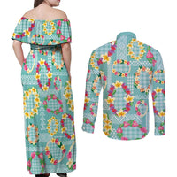 Hawaiian Leis Couples Matching Off Shoulder Maxi Dress and Long Sleeve Button Shirt Kakau Tattoos and Palaka Pastel Teal Color LT03 - Polynesian Pride
