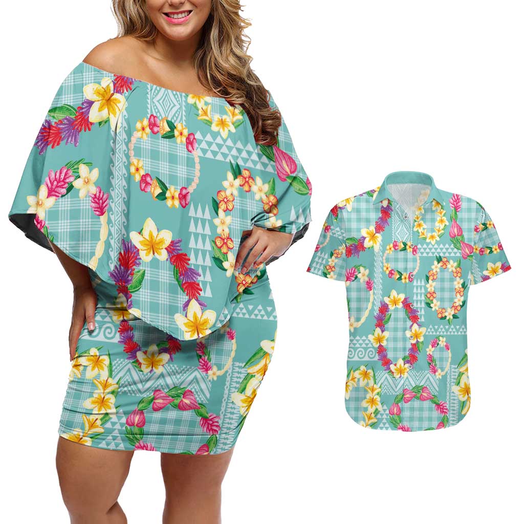 Hawaiian Leis Couples Matching Off Shoulder Short Dress and Hawaiian Shirt Kakau Tattoos and Palaka Pastel Teal Color