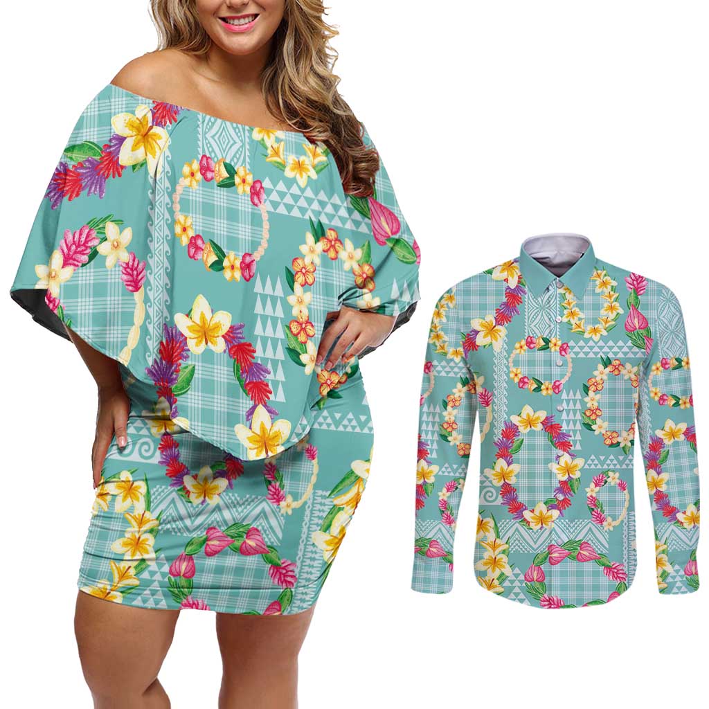 Hawaiian Leis Couples Matching Off Shoulder Short Dress and Long Sleeve Button Shirt Kakau Tattoos and Palaka Pastel Teal Color LT03 Teal - Polynesian Pride