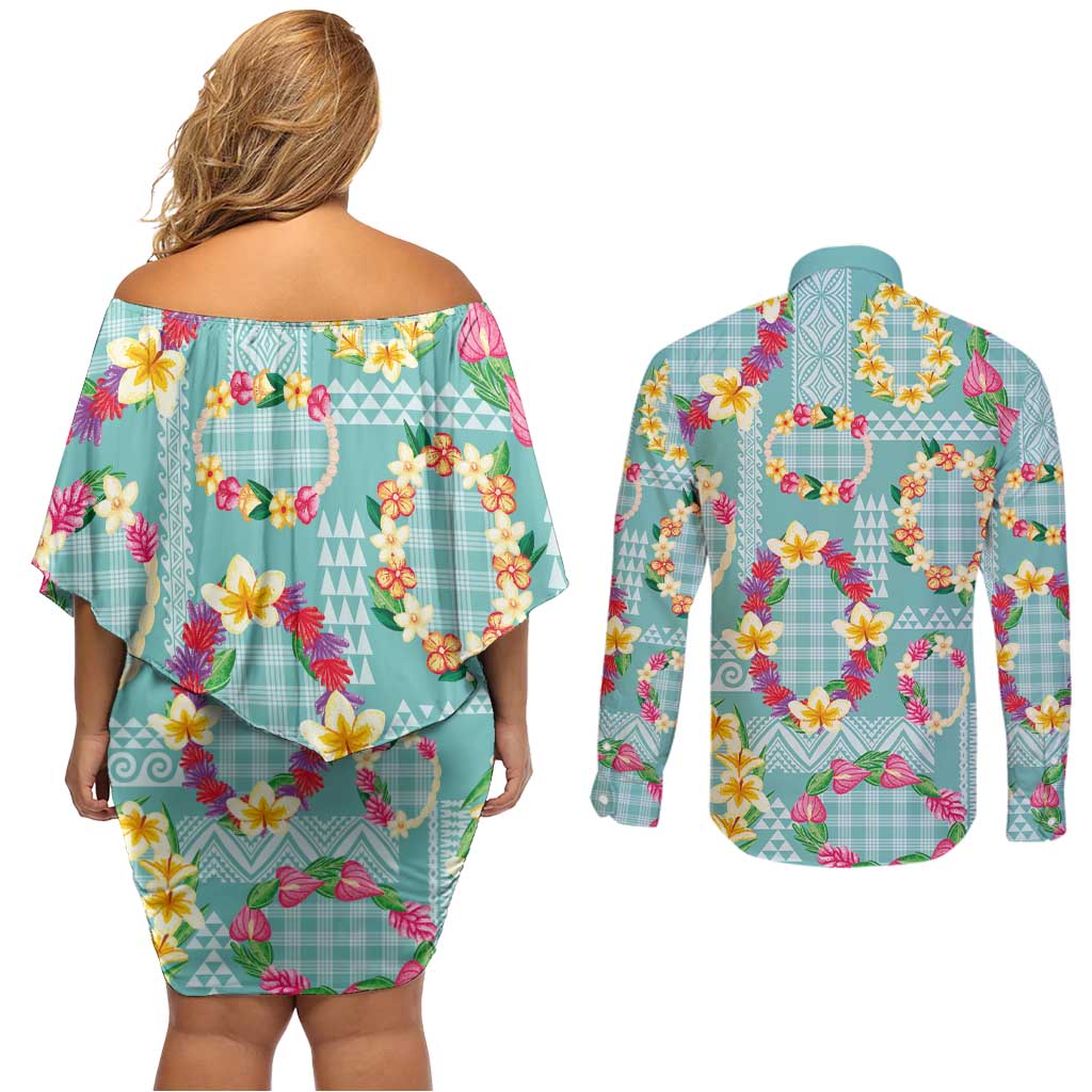 Hawaiian Leis Couples Matching Off Shoulder Short Dress and Long Sleeve Button Shirt Kakau Tattoos and Palaka Pastel Teal Color LT03 - Polynesian Pride