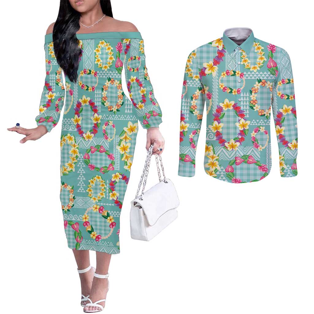 Hawaiian Leis Couples Matching Off The Shoulder Long Sleeve Dress and Long Sleeve Button Shirt Kakau Tattoos and Palaka Pastel Teal Color