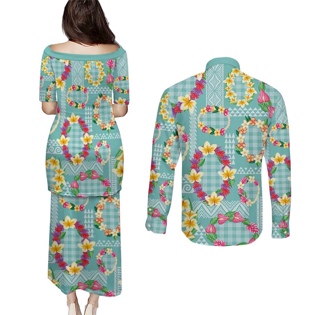 Hawaiian Leis Couples Matching Puletasi and Long Sleeve Button Shirt Kakau Tattoos and Palaka Pastel Teal Color LT03 - Polynesian Pride