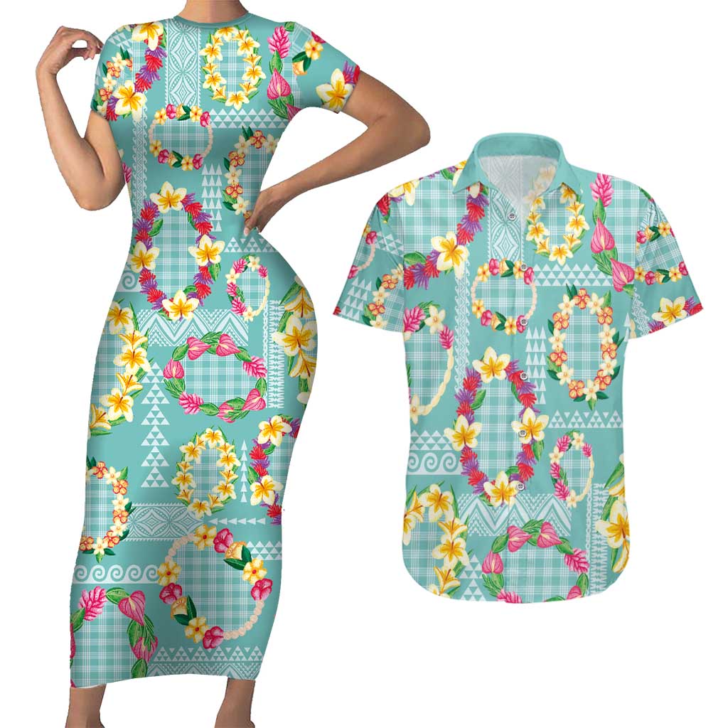Hawaiian Leis Couples Matching Short Sleeve Bodycon Dress and Hawaiian Shirt Kakau Tattoos and Palaka Pastel Teal Color LT03 Teal - Polynesian Pride