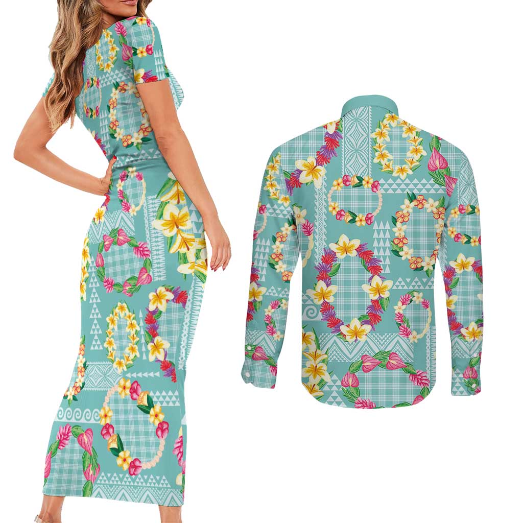 Hawaiian Leis Couples Matching Short Sleeve Bodycon Dress and Long Sleeve Button Shirt Kakau Tattoos and Palaka Pastel Teal Color