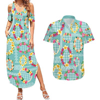 Hawaiian Leis Couples Matching Summer Maxi Dress and Hawaiian Shirt Kakau Tattoos and Palaka Pastel Teal Color