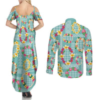 Hawaiian Leis Couples Matching Summer Maxi Dress and Long Sleeve Button Shirt Kakau Tattoos and Palaka Pastel Teal Color LT03 - Polynesian Pride