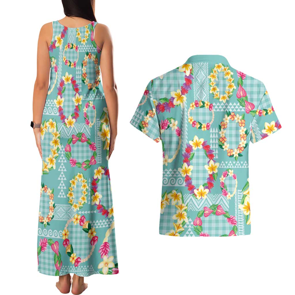 Hawaiian Leis Couples Matching Tank Maxi Dress and Hawaiian Shirt Kakau Tattoos and Palaka Pastel Teal Color