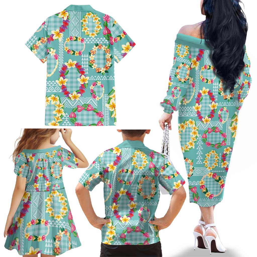 Hawaiian Leis Family Matching Off The Shoulder Long Sleeve Dress and Hawaiian Shirt Kakau Tattoos and Palaka Pastel Teal Color LT03 - Polynesian Pride