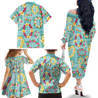 Hawaiian Leis Family Matching Off The Shoulder Long Sleeve Dress and Hawaiian Shirt Kakau Tattoos and Palaka Pastel Teal Color LT03 - Polynesian Pride