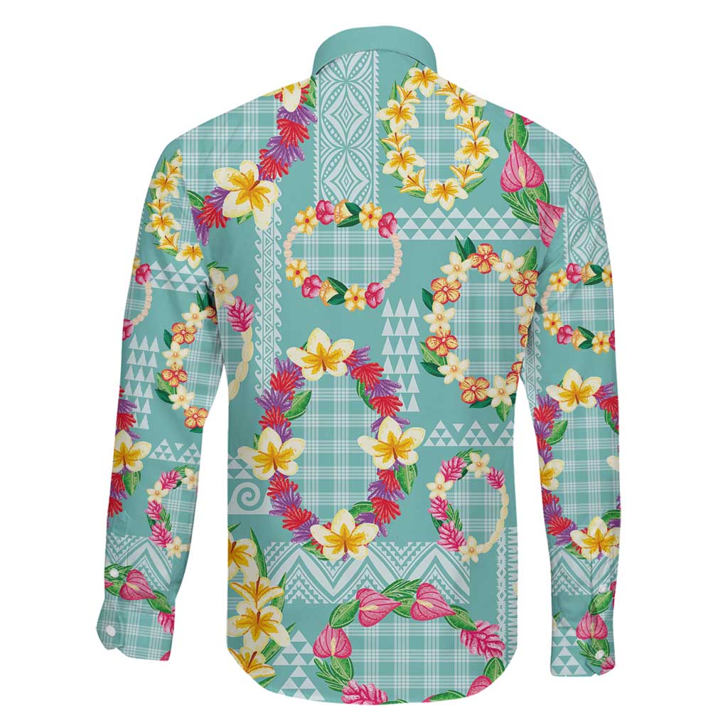 Hawaiian Leis Family Matching Off The Shoulder Long Sleeve Dress and Hawaiian Shirt Kakau Tattoos and Palaka Pastel Teal Color LT03 - Polynesian Pride