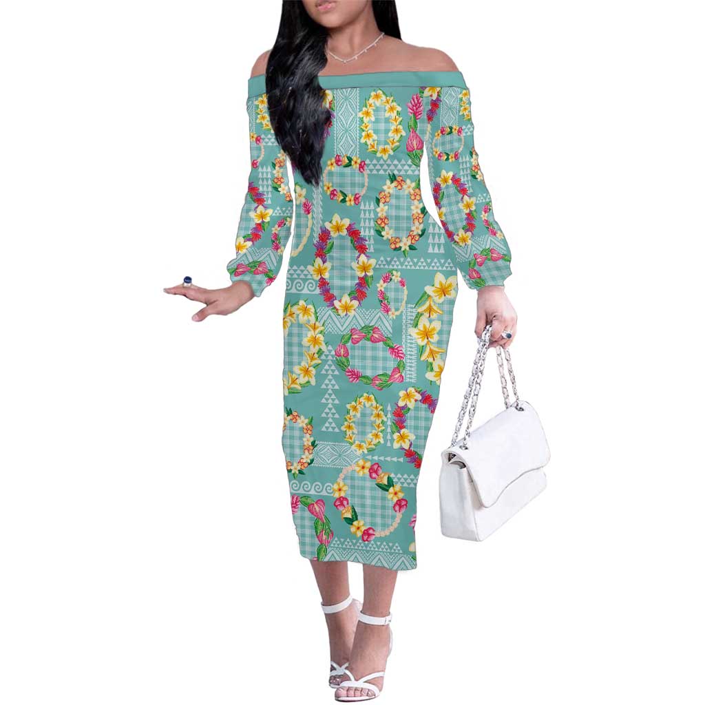 Hawaiian Leis Family Matching Off The Shoulder Long Sleeve Dress and Hawaiian Shirt Kakau Tattoos and Palaka Pastel Teal Color LT03 Mom's Dress Teal - Polynesian Pride