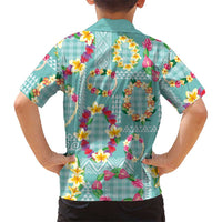 Hawaiian Leis Family Matching Off Shoulder Short Dress and Hawaiian Shirt Kakau Tattoos and Palaka Pastel Teal Color LT03 - Polynesian Pride
