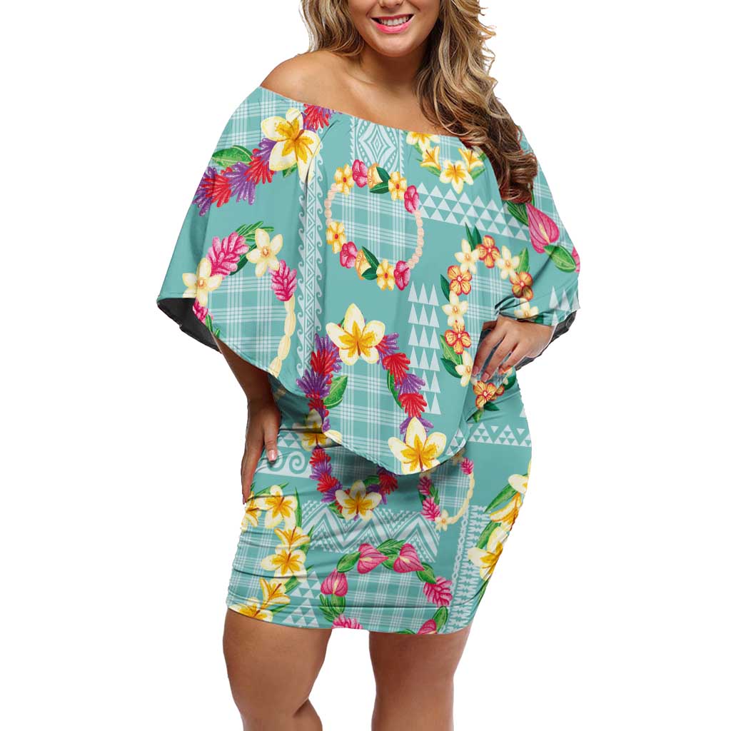 Hawaiian Leis Family Matching Off Shoulder Short Dress and Hawaiian Shirt Kakau Tattoos and Palaka Pastel Teal Color LT03 Mom's Dress Teal - Polynesian Pride