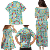 Hawaiian Leis Family Matching Puletasi and Hawaiian Shirt Kakau Tattoos and Palaka Pastel Teal Color LT03 - Polynesian Pride