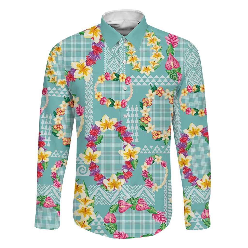 Hawaiian Leis Family Matching Puletasi and Hawaiian Shirt Kakau Tattoos and Palaka Pastel Teal Color LT03 Dad's Shirt - Long Sleeve Teal - Polynesian Pride