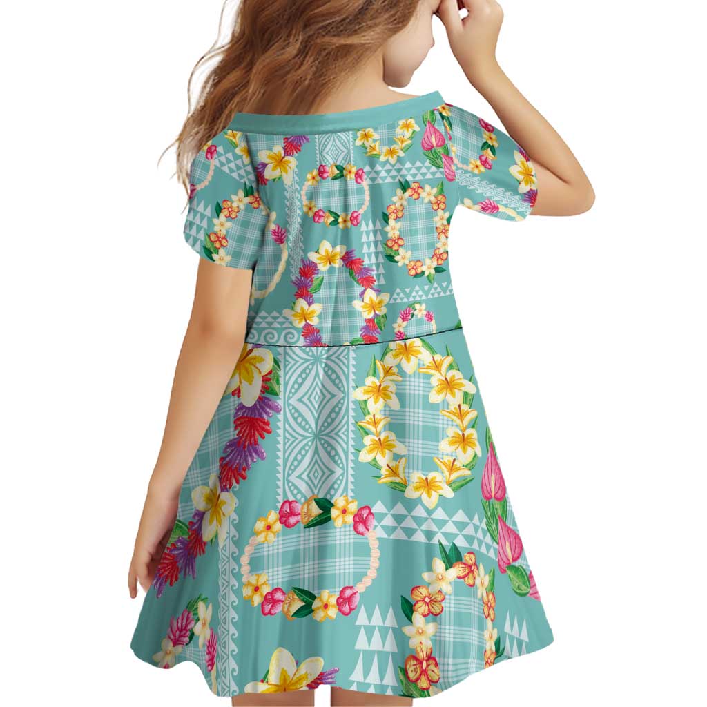 Hawaiian Leis Family Matching Short Sleeve Bodycon Dress and Hawaiian Shirt Kakau Tattoos and Palaka Pastel Teal Color LT03 - Polynesian Pride