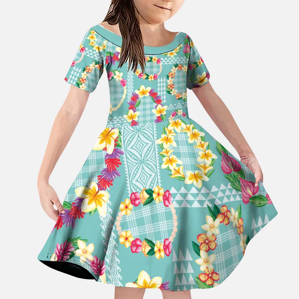 Hawaiian Leis Family Matching Summer Maxi Dress and Hawaiian Shirt Kakau Tattoos and Palaka Pastel Teal Color LT03 Daughter's Dress Teal - Polynesian Pride