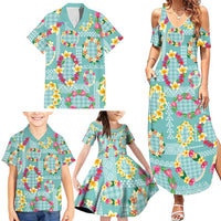 Hawaiian Leis Family Matching Summer Maxi Dress and Hawaiian Shirt Kakau Tattoos and Palaka Pastel Teal Color LT03 - Polynesian Pride