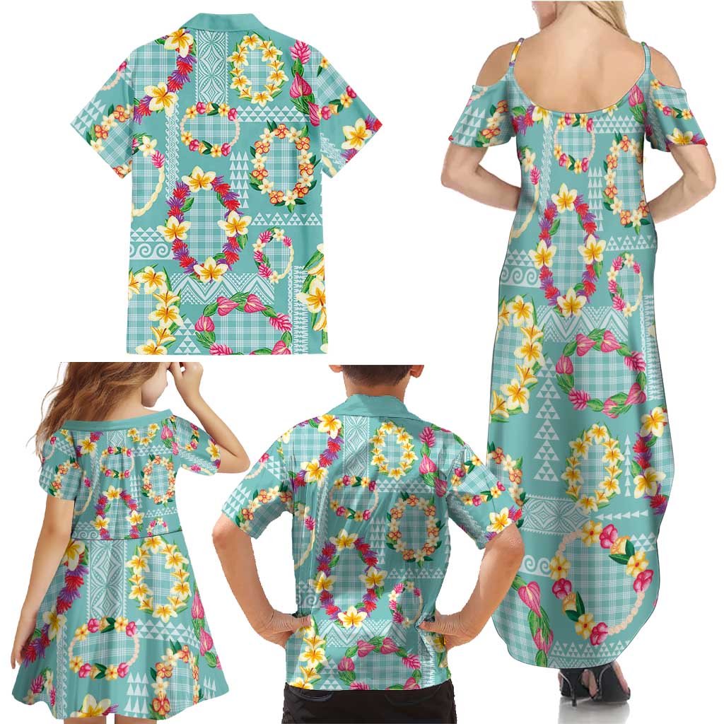 Hawaiian Leis Family Matching Summer Maxi Dress and Hawaiian Shirt Kakau Tattoos and Palaka Pastel Teal Color LT03 - Polynesian Pride