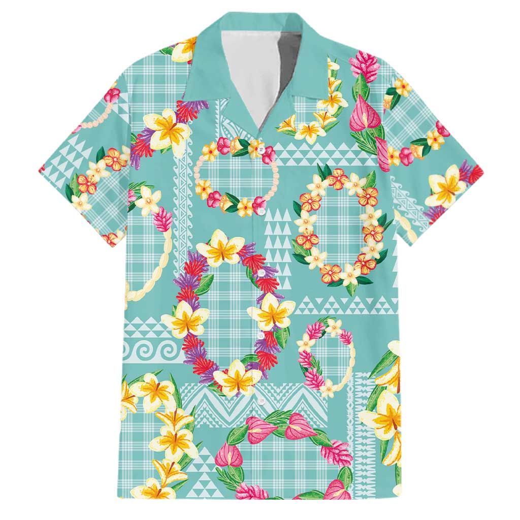 Hawaiian Leis Family Matching Summer Maxi Dress and Hawaiian Shirt Kakau Tattoos and Palaka Pastel Teal Color LT03 Dad's Shirt - Short Sleeve Teal - Polynesian Pride