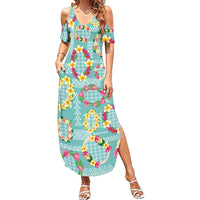Hawaiian Leis Family Matching Summer Maxi Dress and Hawaiian Shirt Kakau Tattoos and Palaka Pastel Teal Color LT03 Mom's Dress Teal - Polynesian Pride