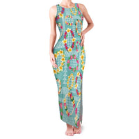 Hawaiian Leis Family Matching Tank Maxi Dress and Hawaiian Shirt Kakau Tattoos and Palaka Pastel Teal Color LT03 Mom's Dress Teal - Polynesian Pride
