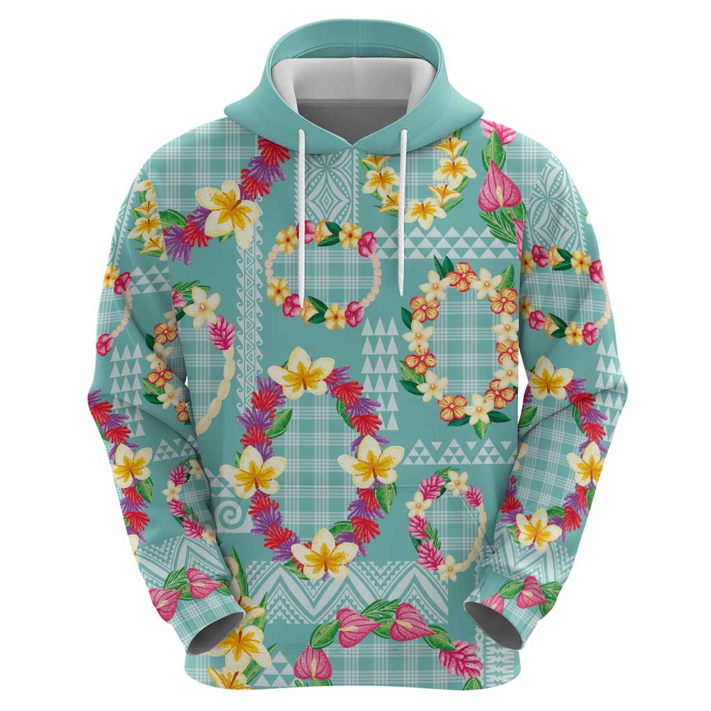 Hawaiian Leis Hoodie Kakau Tattoos and Palaka Pastel Teal Color LT03 - Polynesian Pride