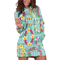 Hawaiian Leis Hoodie Dress Kakau Tattoos and Palaka Pastel Teal Color LT03 Teal - Polynesian Pride