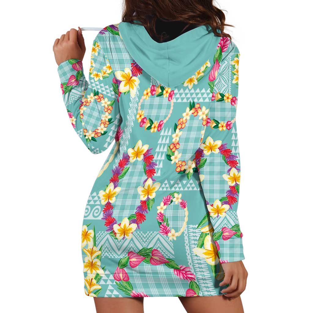Hawaiian Leis Hoodie Dress Kakau Tattoos and Palaka Pastel Teal Color LT03 - Polynesian Pride