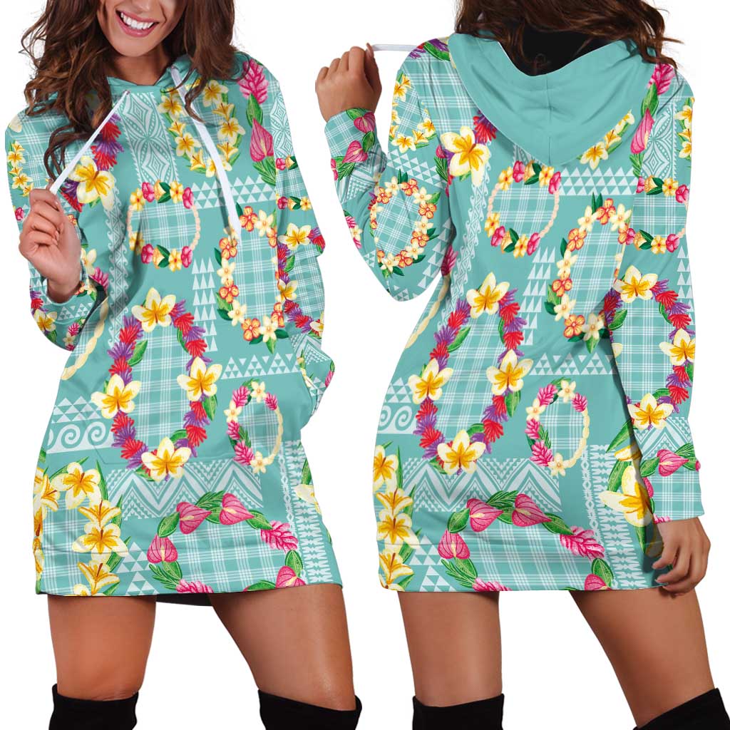 Hawaiian Leis Hoodie Dress Kakau Tattoos and Palaka Pastel Teal Color LT03 - Polynesian Pride