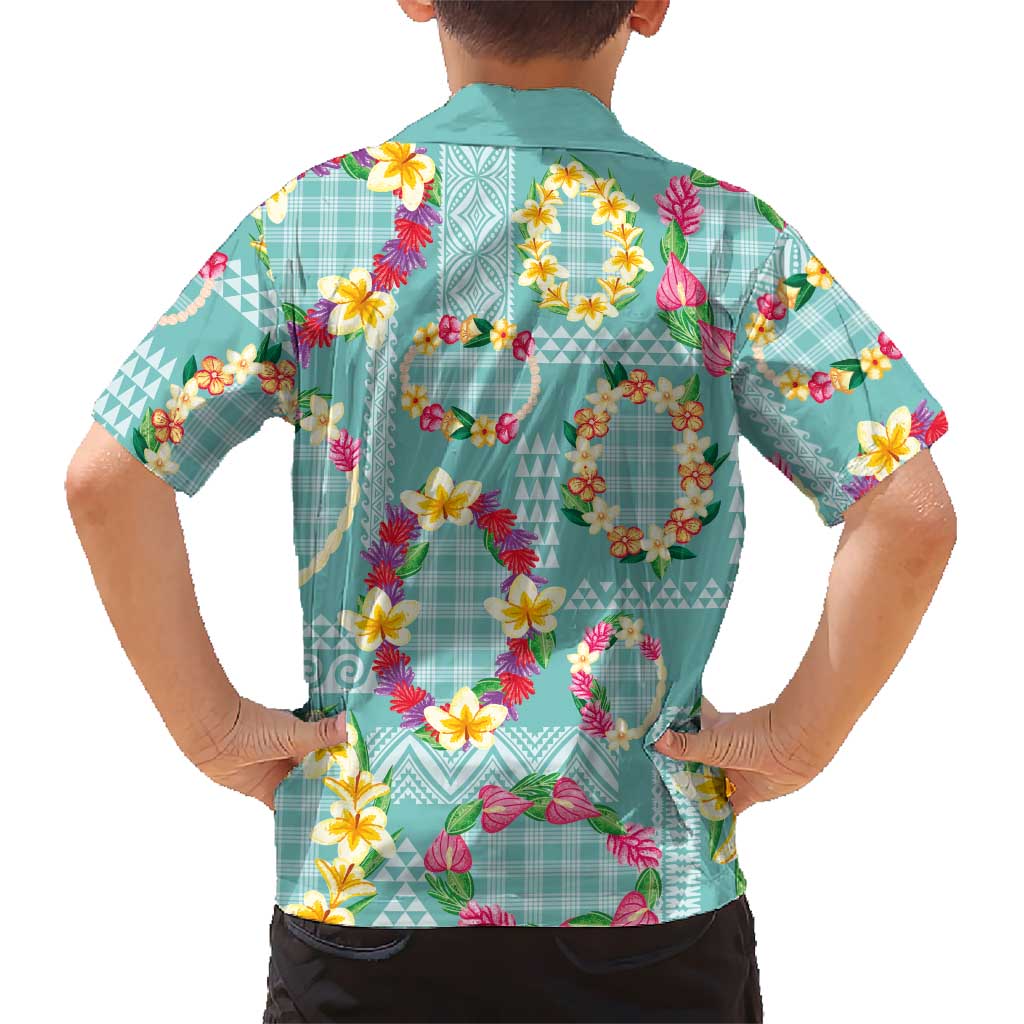 Hawaiian Leis Kid Hawaiian Shirt Kakau Tattoos and Palaka Pastel Teal Color LT03 - Polynesian Pride