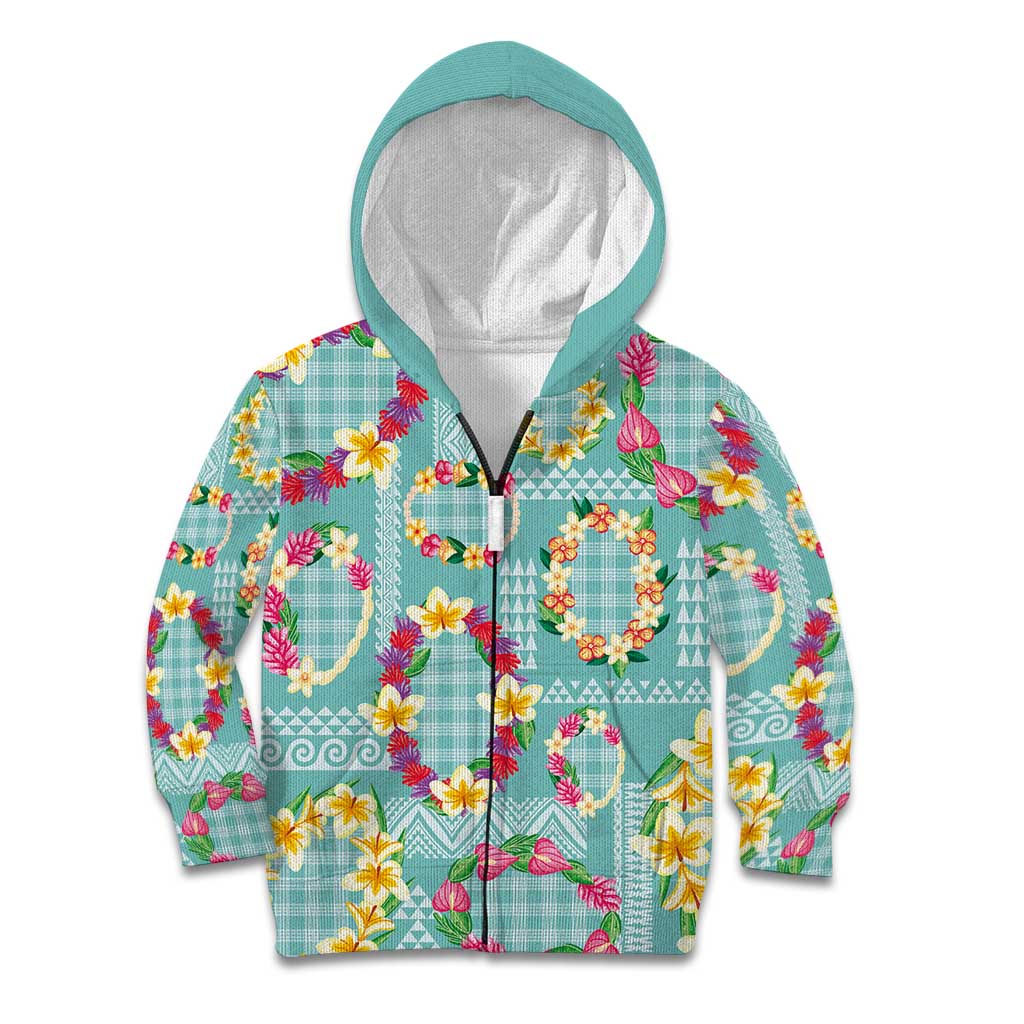 Hawaiian Leis Kid Hoodie Kakau Tattoos and Palaka Pastel Teal Color LT03 Zip Hoodie Teal - Polynesian Pride