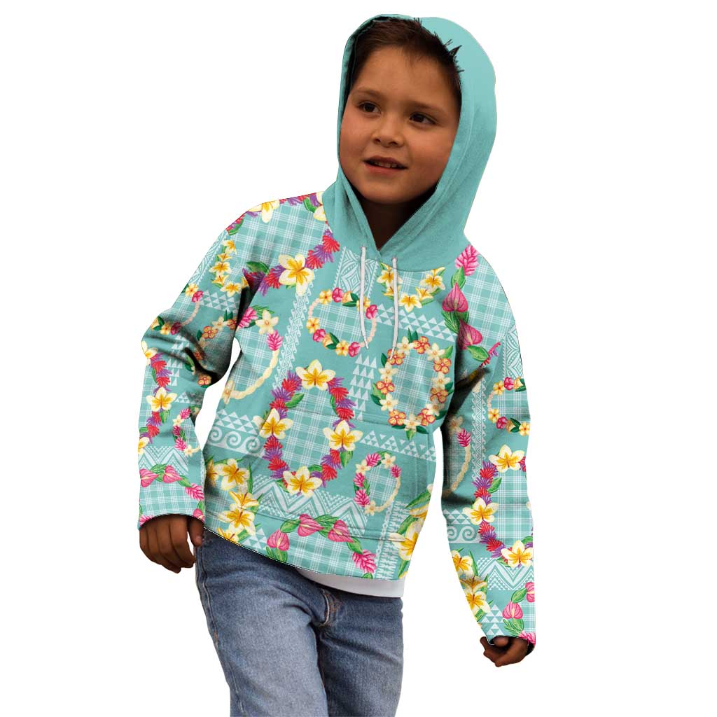 Hawaiian Leis Kid Hoodie Kakau Tattoos and Palaka Pastel Teal Color LT03 - Polynesian Pride