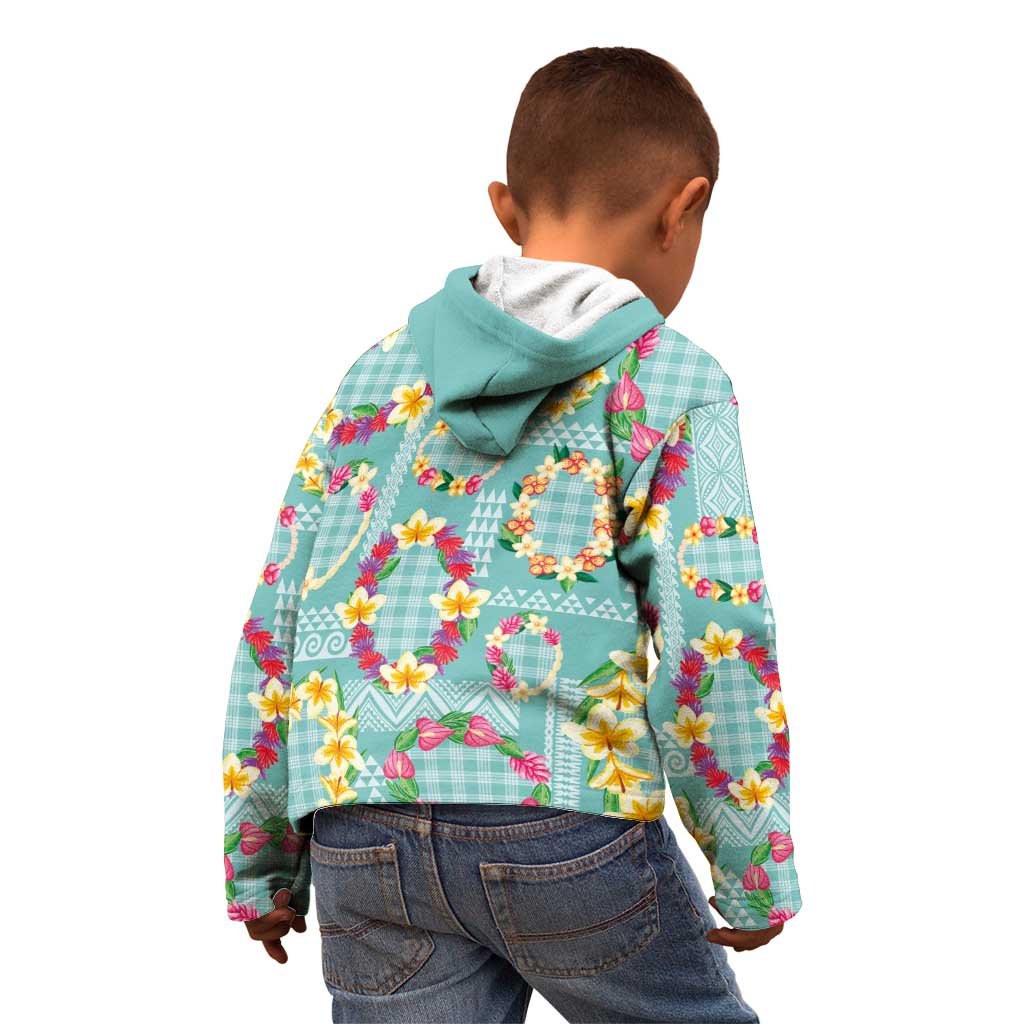 Hawaiian Leis Kid Hoodie Kakau Tattoos and Palaka Pastel Teal Color LT03 - Polynesian Pride