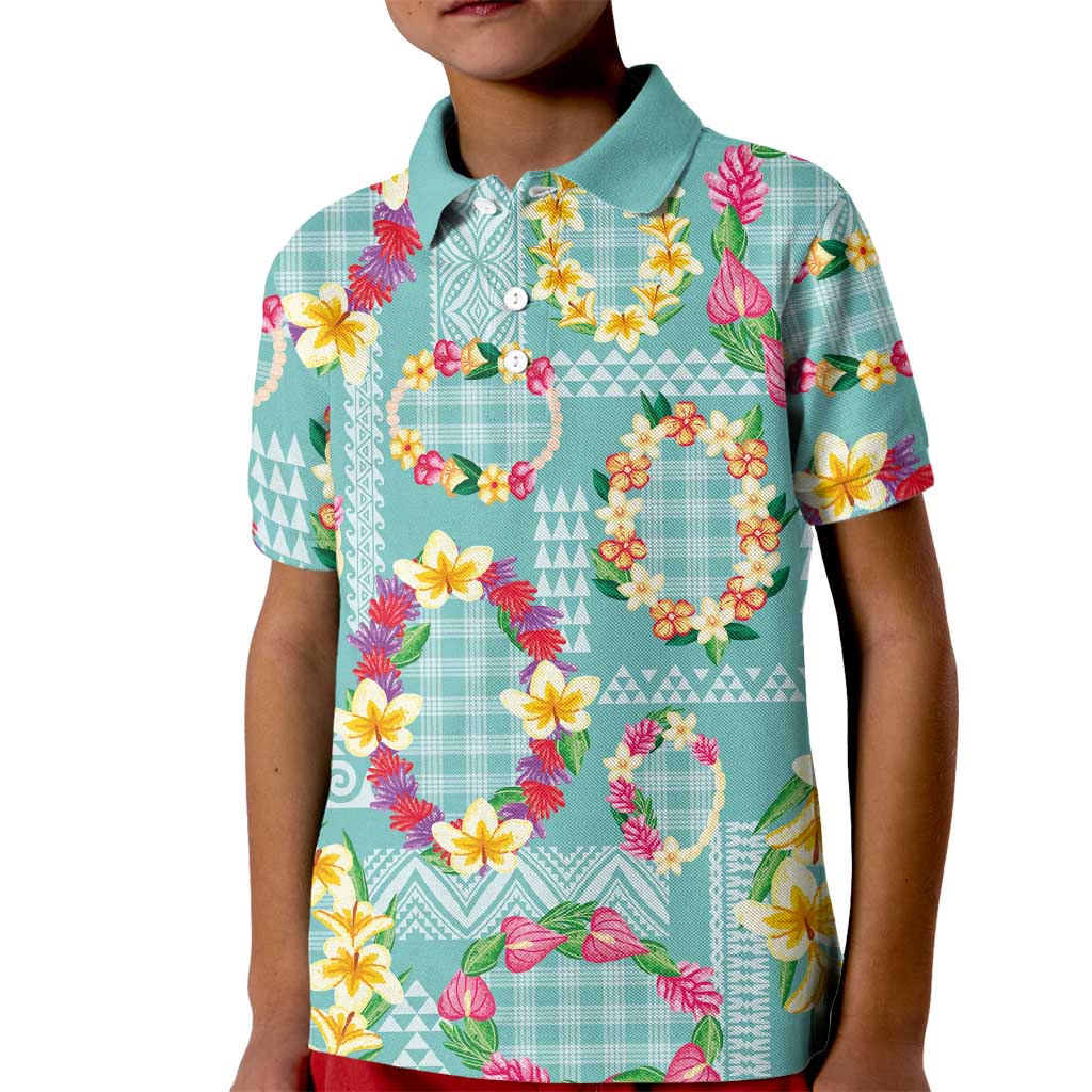 Hawaiian Leis Kid Polo Shirt Kakau Tattoos and Palaka Pastel Teal Color LT03 Kid Teal - Polynesian Pride