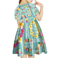 Hawaiian Leis Kid Short Sleeve Dress Kakau Tattoos and Palaka Pastel Teal Color LT03 - Polynesian Pride