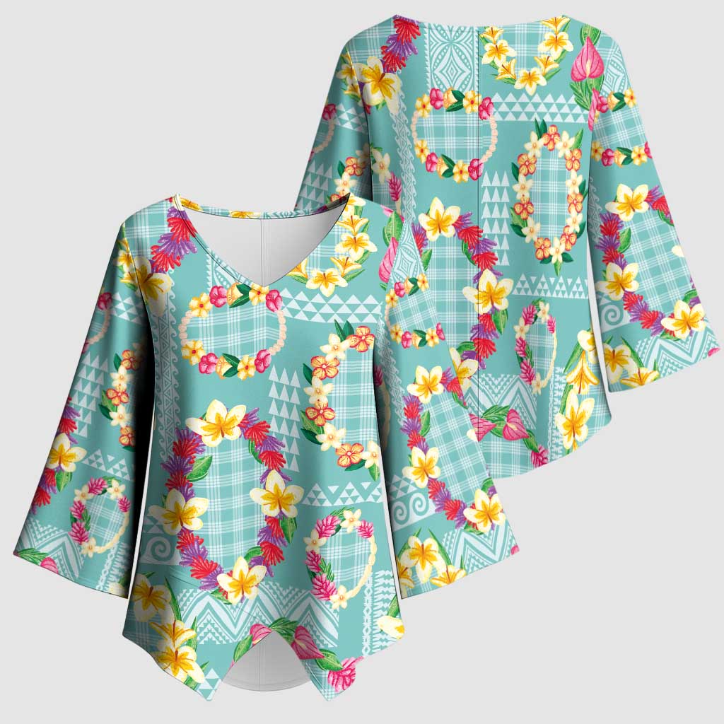 Hawaiian Leis Kimono Sleeve Blouse Kakau Tattoos and Palaka Pastel Teal Color