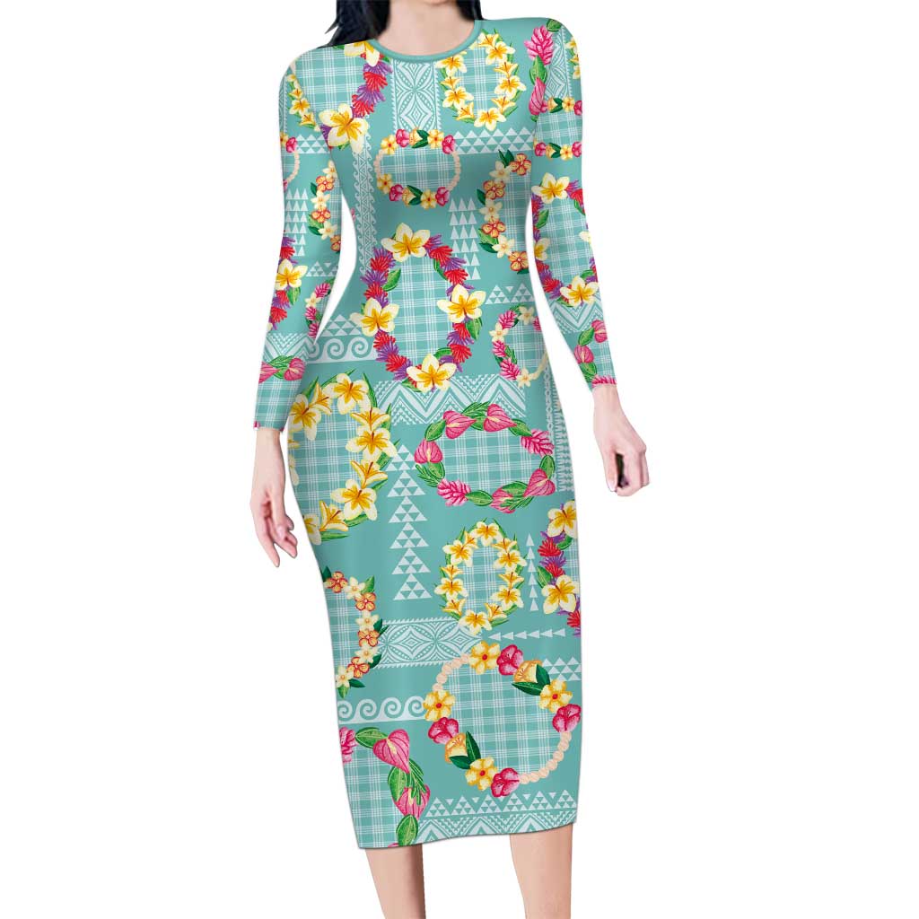 Hawaiian Leis Long Sleeve Bodycon Dress Kakau Tattoos and Palaka Pastel Teal Color LT03 Long Dress Teal - Polynesian Pride