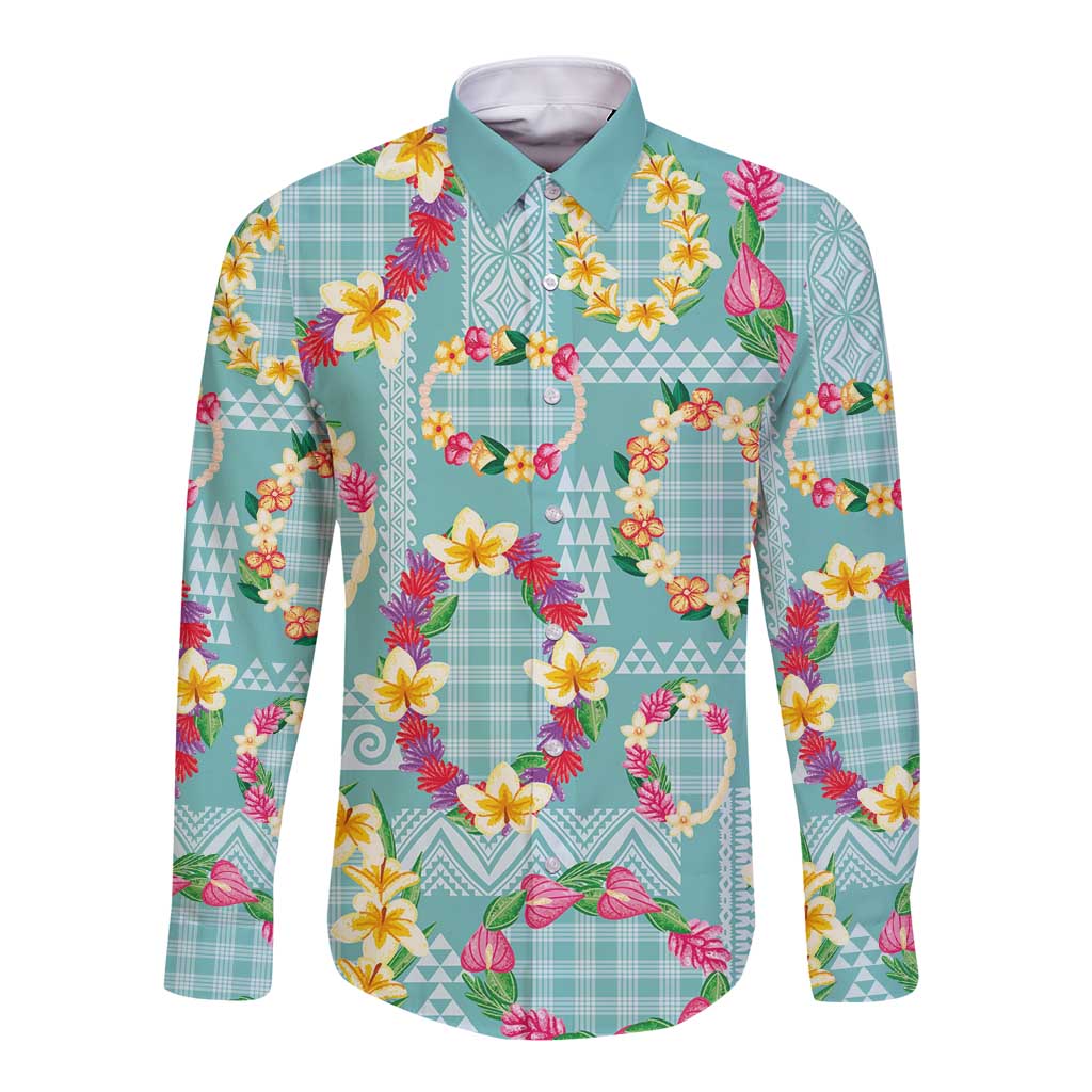 Hawaiian Leis Long Sleeve Button Shirt Kakau Tattoos and Palaka Pastel Teal Color