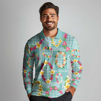 Hawaiian Leis Long Sleeve Polo Shirt Kakau Tattoos and Palaka Pastel Teal Color LT03 - Polynesian Pride