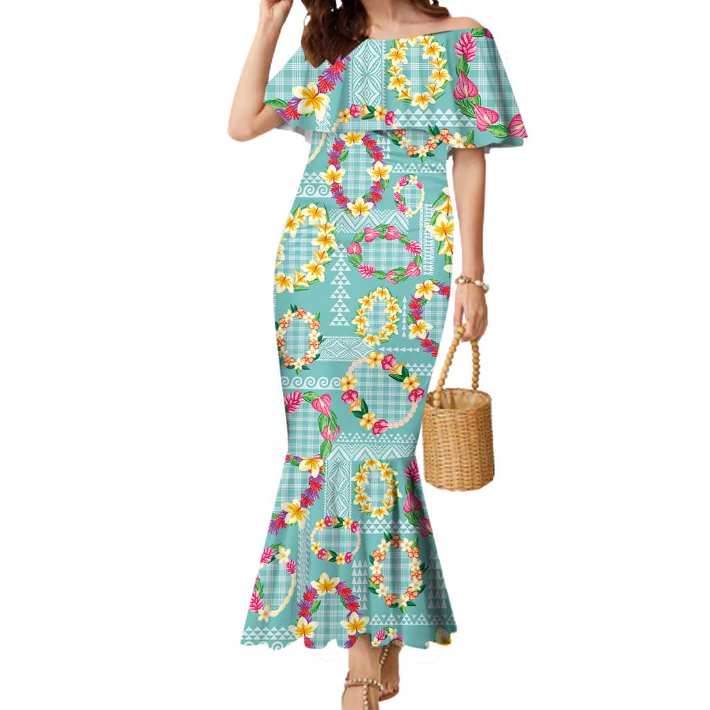 Hawaiian Leis Mermaid Dress Kakau Tattoos and Palaka Pastel Teal Color