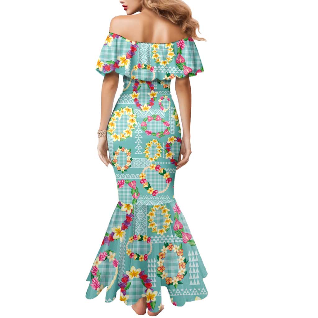 Hawaiian Leis Mermaid Dress Kakau Tattoos and Palaka Pastel Teal Color LT03 - Polynesian Pride