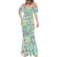 Hawaiian Leis Mermaid Dress Kakau Tattoos and Palaka Pastel Teal Color LT03 - Polynesian Pride