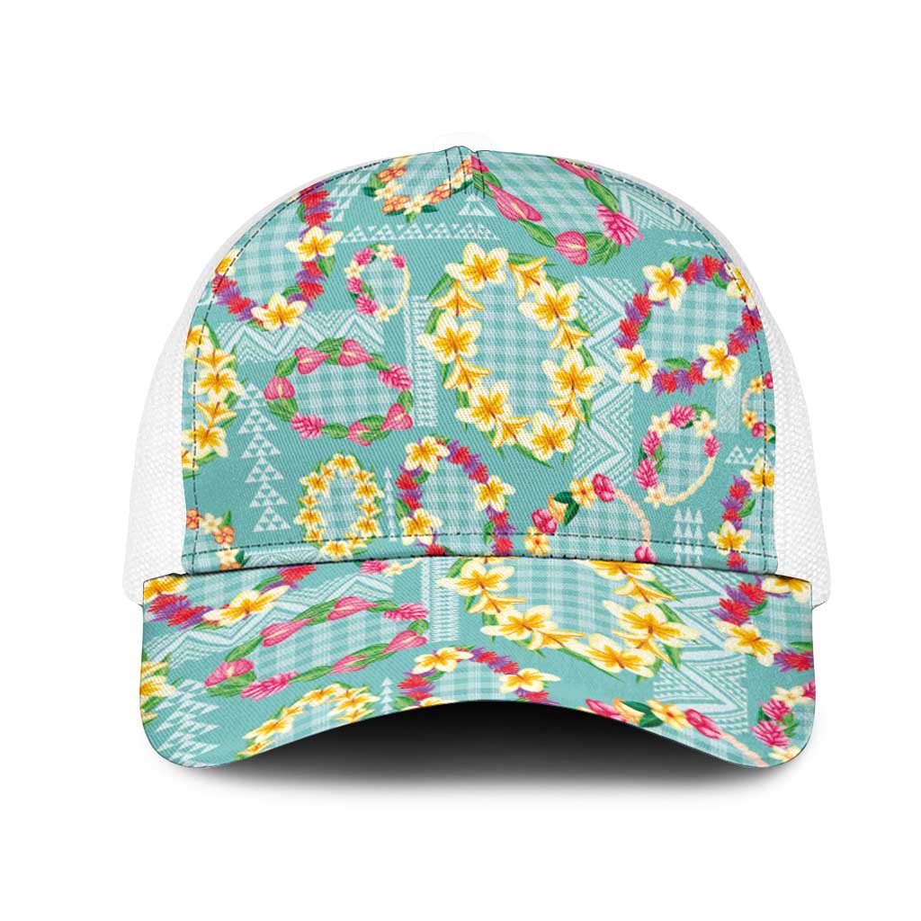 Hawaiian Leis Mesh Trucker Cap Kakau Tattoos and Palaka Pastel Teal Color LT03 One Size White Teal - Polynesian Pride